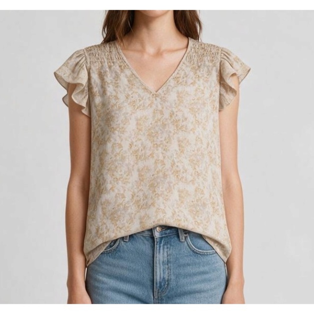 GRADE & GATHER Gray/Brown CHIFFON Smocked Trim RUFFLE SLEEVES Blouse/Top Sz L